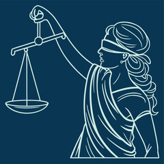 Scales of justice held by a blindfolded figure in classical style modern line art version clean and symbolic scales of justice with a woman