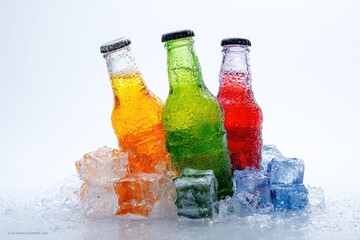 Three vibrantly colored glass bottles of soda, nestled in a bed of melting ice cubes against a stark white background, showcasing condensation on the bottles