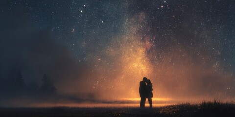 Obraz premium Romantic Couple Under Starry Sky During Storm - Beautiful Nature Scene