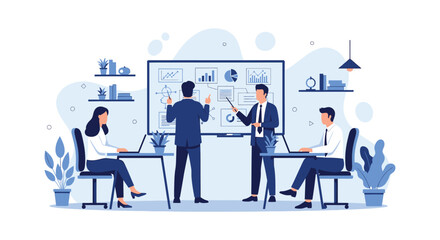 Business team collaborating on project strategy, presenting data visualizations on whiteboard.