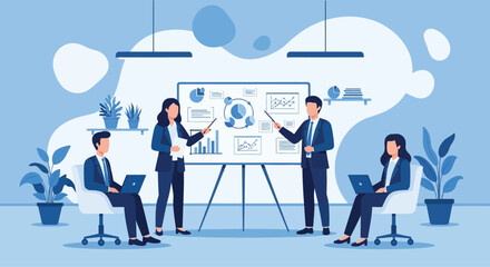 A business team presenting data analysis results during a meeting, using charts and graphs.