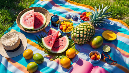 Tropical picnic setup with fruits and drinks  surrounded by lush greenery and sunlight.