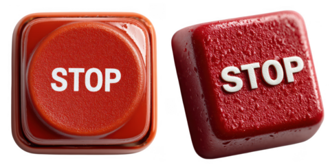 Two red stop buttons with white lettering isolated on transparent background