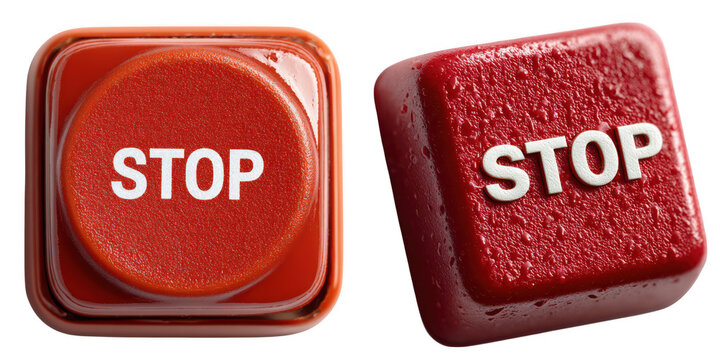 Two red stop buttons with white lettering isolated on transparent background