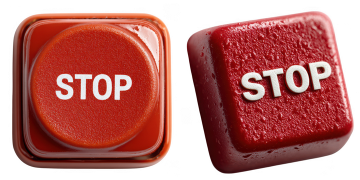 Two red stop buttons with white lettering isolated on transparent background