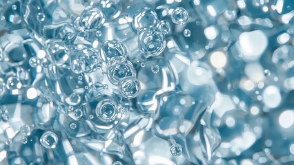 Close-up of clear water with numerous air bubbles, creating a refreshing and dynamic visual texture.