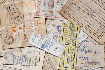 Obraz premium various old documents, tickets, postcards, lottery tickets, pension vouchers