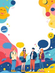 Young People Creatively Expressing Thoughts With Emojis in a Vibrant Abstract Setting, Leaving Space for Conversation in a Modern Context