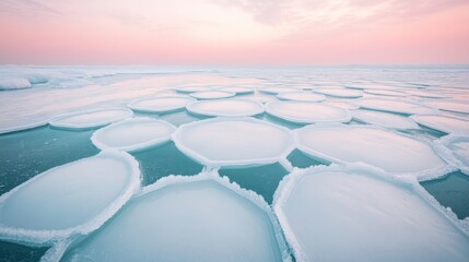 Obraz premium Frozen sea surface. Round ice floes float under a pastel pink sky. Cold turquoise water with patches of frost on the ice disk edges.