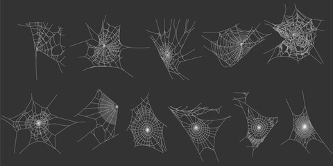 Set of Hand Drawn Spider Webs on Dark Background – Halloween and Horror Elements Vector Illustration