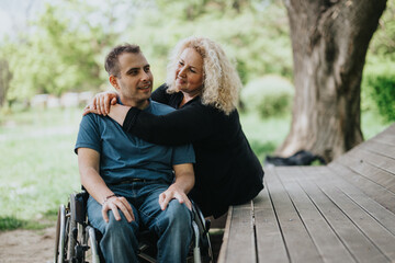 Heartwarming scene depicting compassion and care as a supportive woman embraces a man in a...