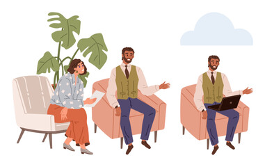 Three colleagues seated in modern chairs, discussing ideas and presenting on a laptop. Ideal for teamwork, collaboration, professional dialogue, workplace productivity, innovation, presentations