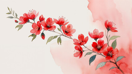 Watercolor red flowers on right edge with bold red empty space, ideal for text, cards, or invitations.