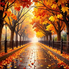 Autumn Walkway Covered in Wet Leaves