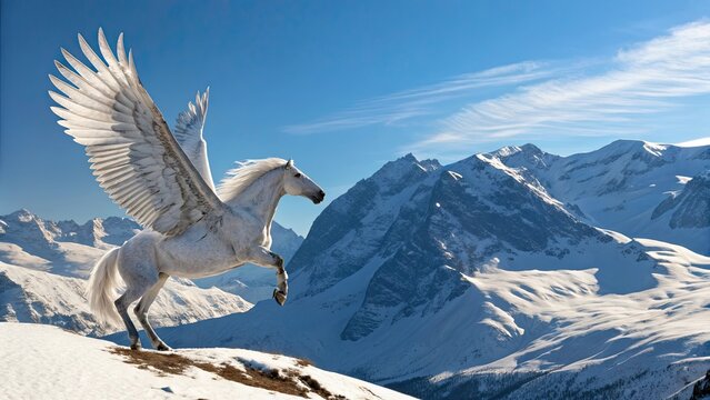 A noble pegasus flying high over snowy mountain peaks under a clear blue sky, feathers detailed and shining - Powered by Adobe