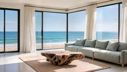Fototapeta premium Modern luxury living room with panoramic ocean view and floor-to-ceiling windows