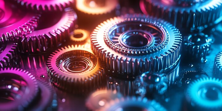 Close Up of Interlocking Metallic Gears in Vibrant Pink Blue and Orange Illuminated with Dramatic Lighting