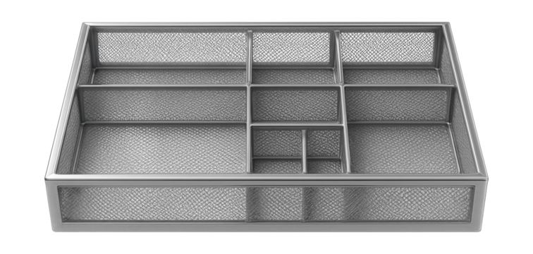 Metal mesh drawer organizer with an open grid design, perfect for a garage workbench to organize small tools and hardware.