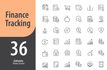 Finance Tracking Line Icons, Budget Sheet, Expense Log, Income Report, Spending Analytics, Personal Ledger, Editable Formats: AI, EPS, PNG, Ideal for Both Digital and Print Use
