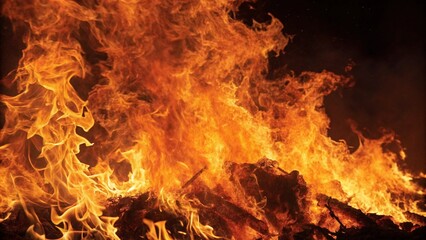 Intense flames engulf logs and debris, creating a vibrant and dynamic spectacle against the darkness.