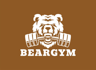 Bear Gym Logo with Barbell Design on Brown Background