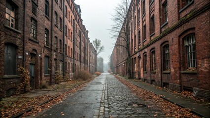 Industrial architecture featuring red brick buildings along a cobblestone street fades into fog, evoking an atmosphere of urban decay.