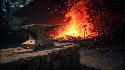 Anvil sits ready for metalworking tasks at a blacksmith forge with a large hot fire and glowing embers providing light.