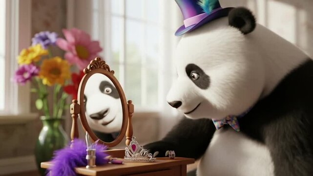 A smiling panda bear wearing a colorful party hat admires its reflection in an ornate mirror with a vase of flowers on a dresser in a bright room.