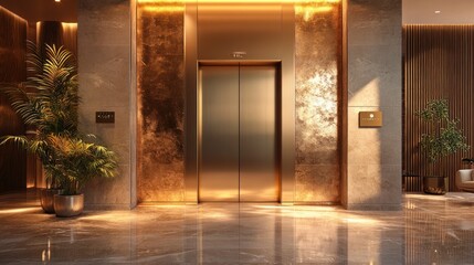 Modern hotel elevator lobby with gold accents and plants