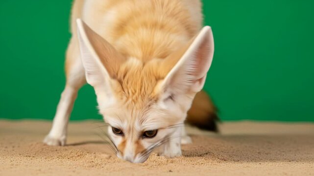 Close Up of Fennec Fox Sniffing Sand on Green Background