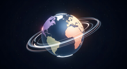 Abstract digital Earth globe with glowing rings representing global network and communication, set against a dark starry space background, modern technology concept.