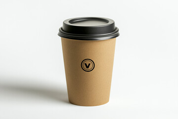 Brown paper coffee cup with a black lid sits isolated on a white backdrop, offering a minimalist, clean aesthetic for marketing.