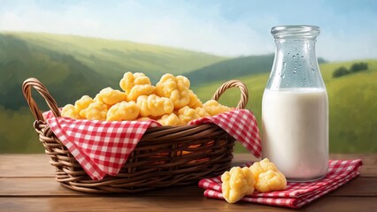Basket of popcorn with milk