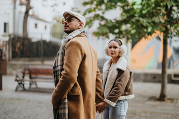 A fashionable couple walking hand in hand outdoors, dressed warmly for winter. The scene captures a cozy and affectionate moment in an urban environment, surrounded by trees and street art.