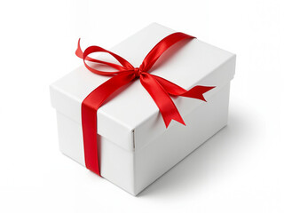 Fototapeta premium White gift box with red ribbon on a plain background 