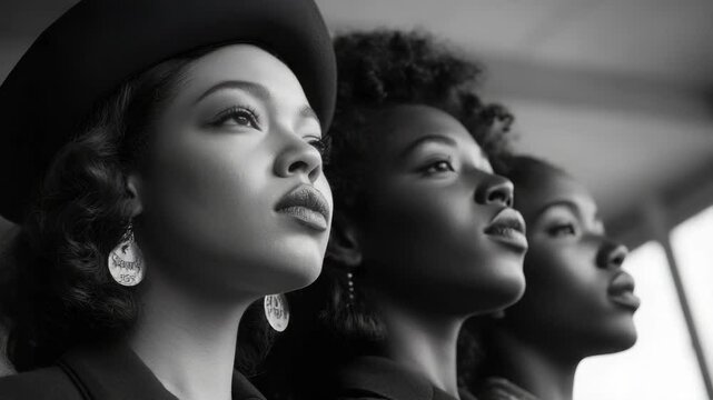 A collection of black and white triplet portraits featuring African American women in fashionable attire, highlighting diversity and style.