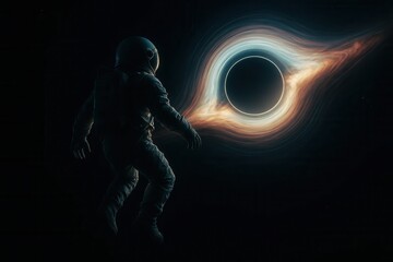 Isolated illustration of an astronaut contemplating a magnificent black hole with a vibrant accretion disk, symbolizing discovery and the profound mysteries of deep space.