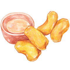 Watercolor illustration of Patongko served with sweetened condensed milk. A traditional Thai breakfast snack, hand-painted in soft and realistic watercolor style.