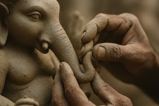 Skilled artisan's hands meticulously sculpt a clay Ganesha idol, shaping the intricate trunk with precision and dedication, symbolizing devotion and craftsmanship.