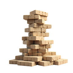 A precarious tower of wooden blocks isolated on transparent background