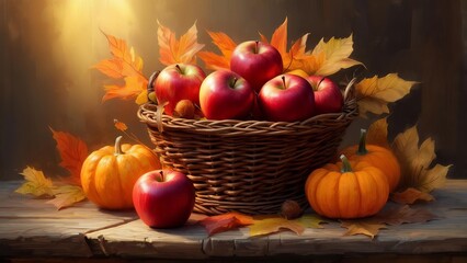 Apples and autumn leaves in basket, autumn still life