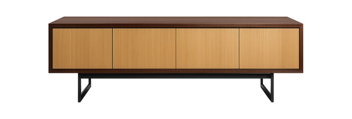 Fototapeta premium A low-profile chest of drawers with a wide, flat surface, ideal for use as a TV stand in a family room.