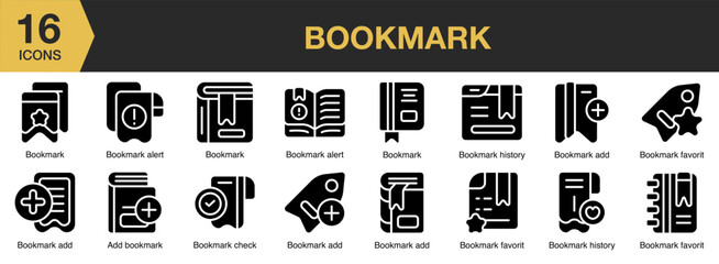 Bookmark solid icon set. Includes ribbon, web, blank, book, sale, and More. Solid icons vector collection.