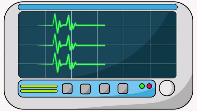 Looping animation of a cartoon EKG monitor showing a heart rate. ECG pulse wave display is perfect for medical, health, and hospital concepts.