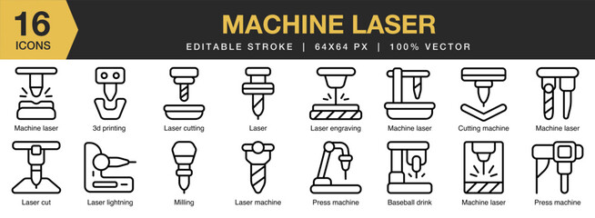 Machine Laser icon set. Editable Stroke Icon Collection. Includes industry, cnc, factory, production, manufacturing, and More. Outline icons vector collection.