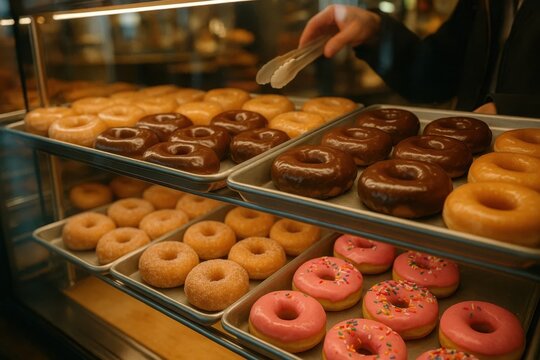 A delectable display of fresh donuts, featuring chocolate, glazed, and frosted varieties, arranged in a bakery case as a hand reaches for a sweet treat with tongs.