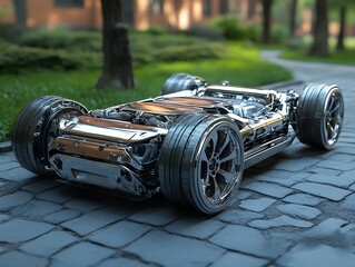 Futuristic Silver Car Chassis on Cobblestone Path in Park