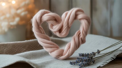 Twisted pink yarn in heart shape on fabric with lavender stems - Concept of HEAVILY CRAFTED  