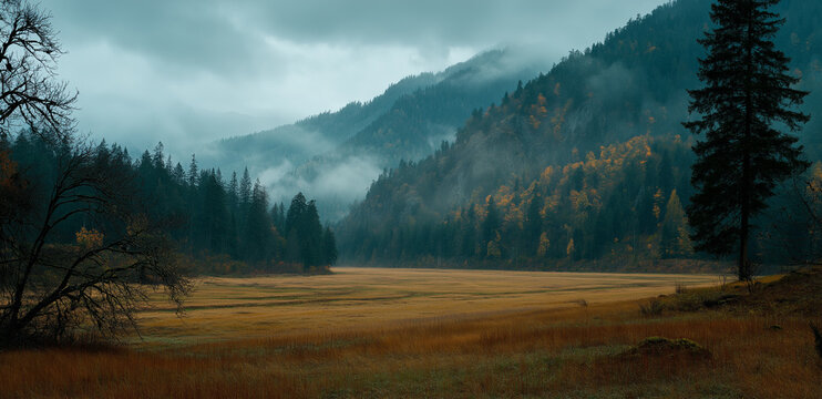 Cinematic, landscape photography of an autumn field with mountains