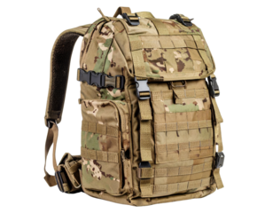 Military tactical backpack with camouflage pattern isolated on transparent background